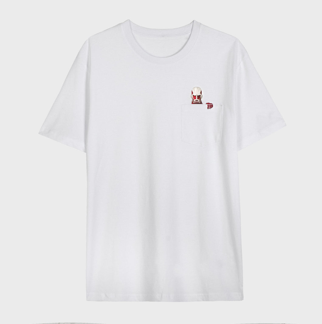 T-shirt à poche blanc en coton bio avec impression pocket colossal