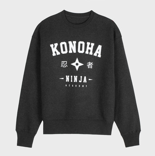 Sweat crewneck premium ample gris foncé style universitaire imprimé konoha ninja academy