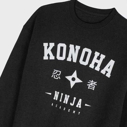 Close up sweat crewneck premium ample gris foncé style universitaire imprimé konoha ninja academy